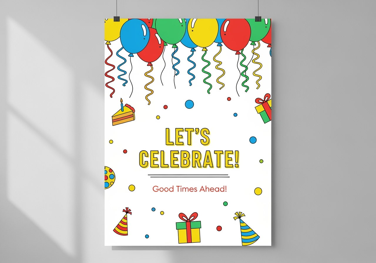 Colorful party celebration poster design with LET'S CELEBRATE text, featuring balloons, gift boxes, party hats, and birthday party design elements