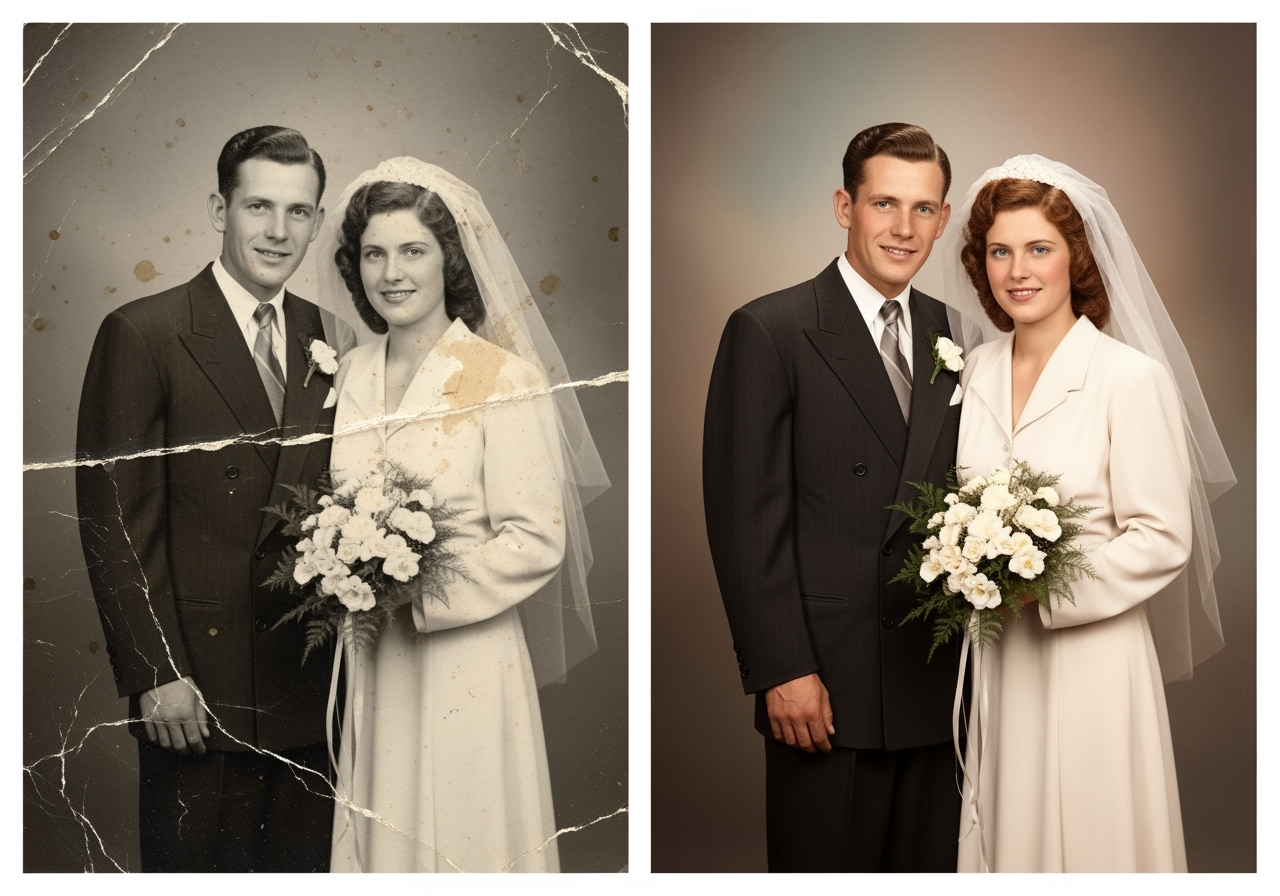 Wedding photo restoration comparison - damaged vintage photograph transformed into perfectly restored color version, photo restoration service results
