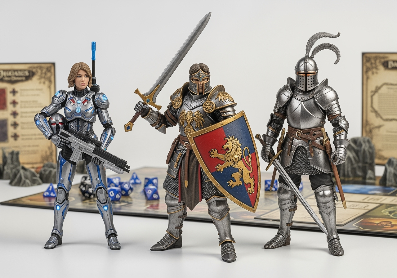 D&D character design action figures for tabletop gaming - fantasy RPG heroes as collectible toys with gaming accessories