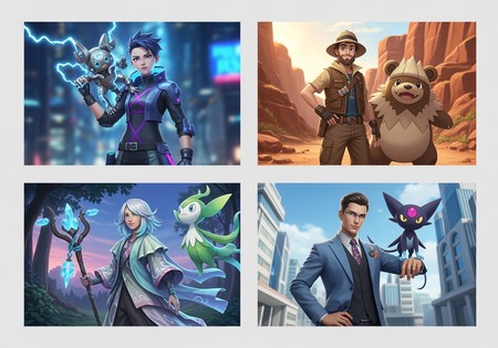 A collage of four different AI-generated Pokémon trainers, showing the variety of characters that can be created.