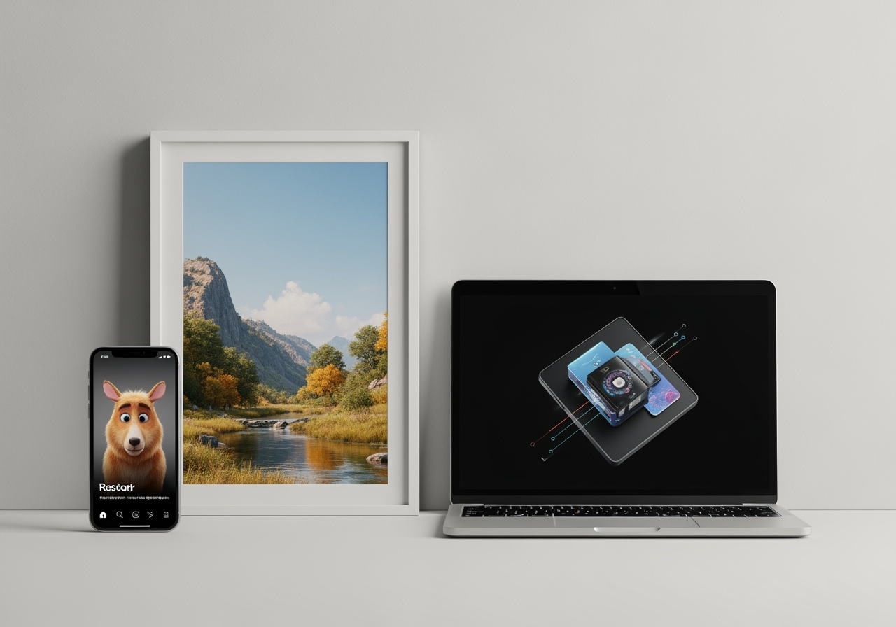 Various devices like a phone, laptop, and digital frame displaying animated pictures for social media, presentations, and art.