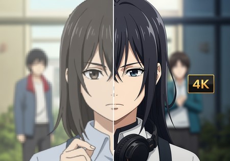 A split-screen image showing the before and after of an anime picture enhanced by an AI upscaler, from blurry to 4K quality.