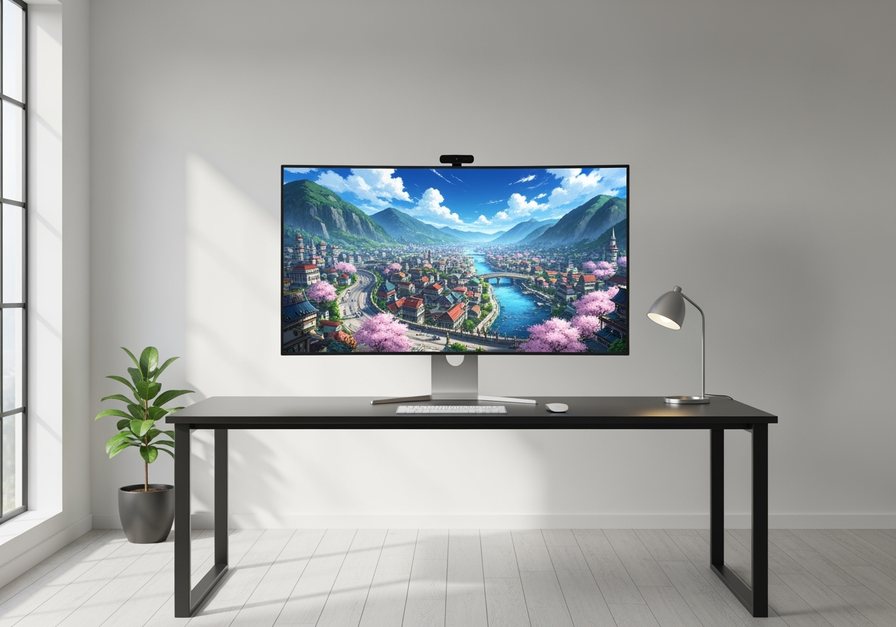 A high-resolution 4K anime wallpaper displayed on a modern monitor in a clean workspace, showcasing a primary use case for the upscaler.
