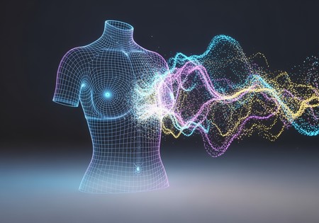 Abstract 3D wireframe of a female character torso being generated by AI.