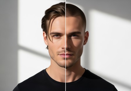 A split-screen image showing a man's before-and-after transformation from medium hair to a realistic AI-generated buzz cut.