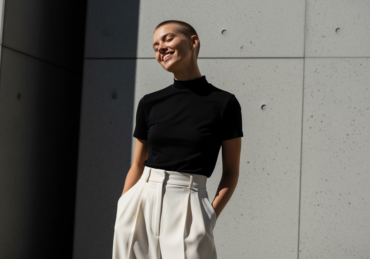 A confident and stylish person smiling, looking great with their new, real buzz cut hairstyle.