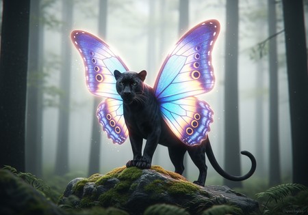 A majestic black panther with vibrant glowing butterfly wings, representing an imaginative AI-generated animal.