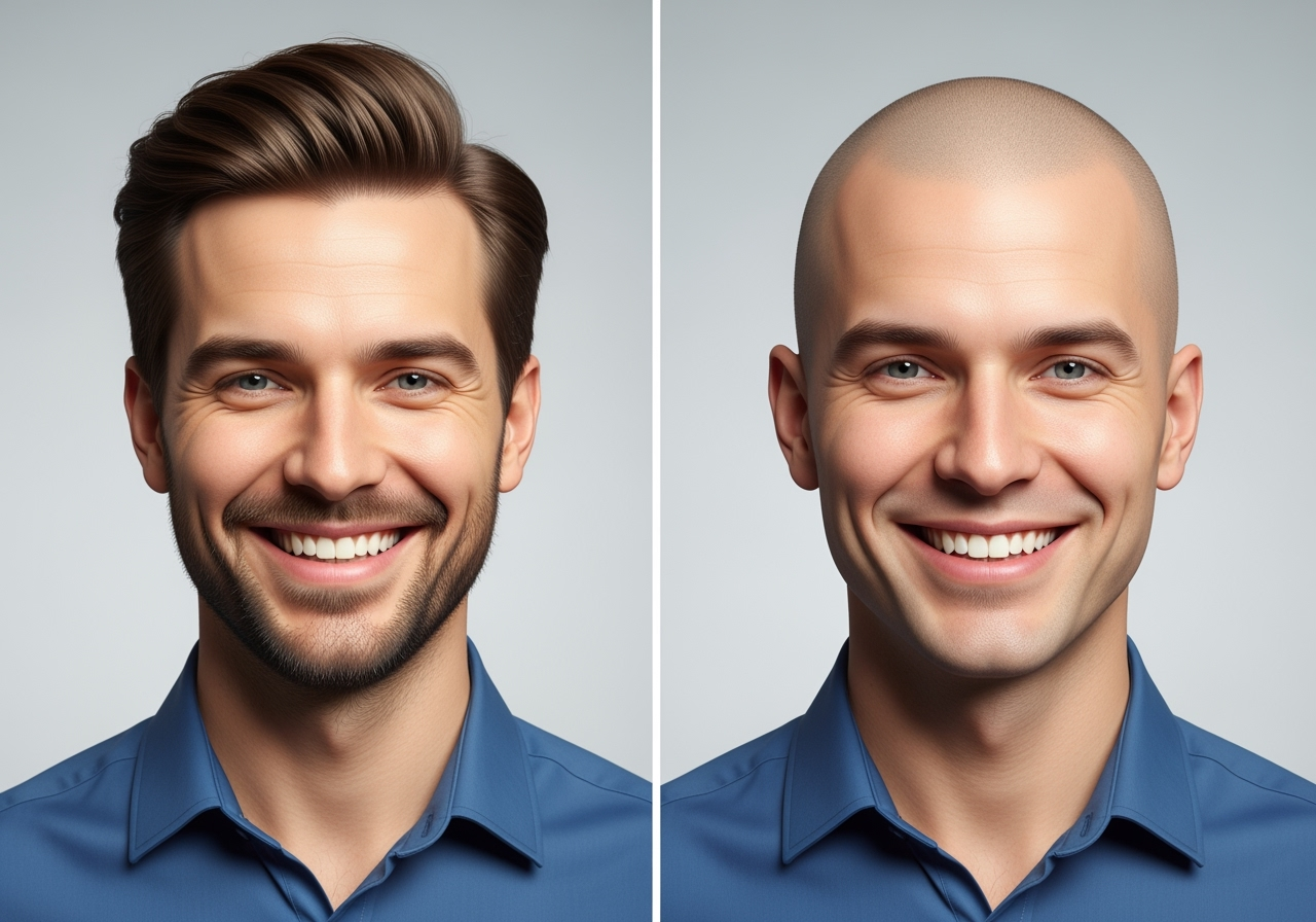 A split-screen before-and-after image of a person with hair and a realistic bald version generated by AI.