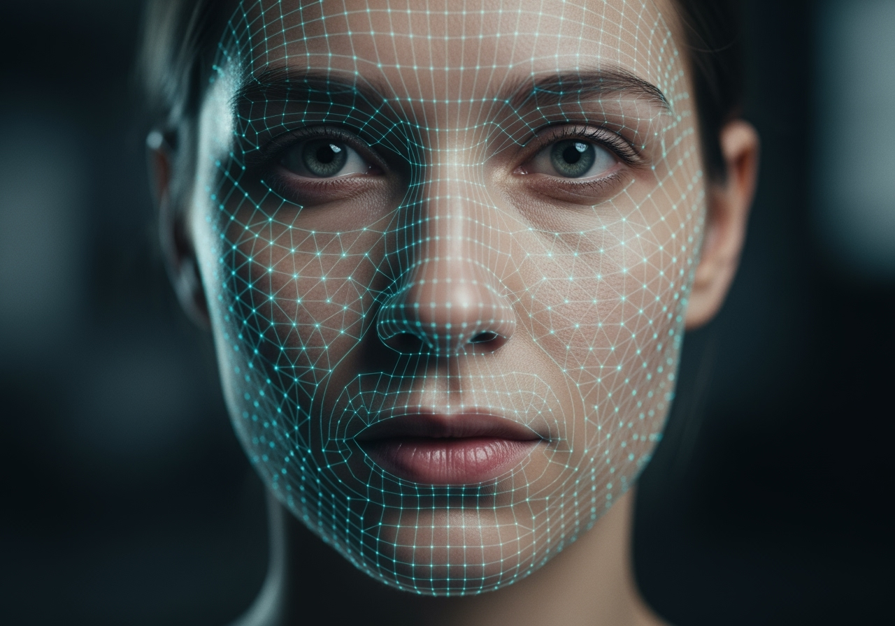 A close-up of a face with a minimalist digital grid overlay, representing AI analysis for the bald filter.
