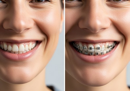A split-screen image showing a woman's smile before and after using an AI braces filter.