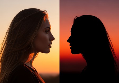 A photo of a woman's profile transforming into a clean black silhouette, representing an AI silhouette maker.