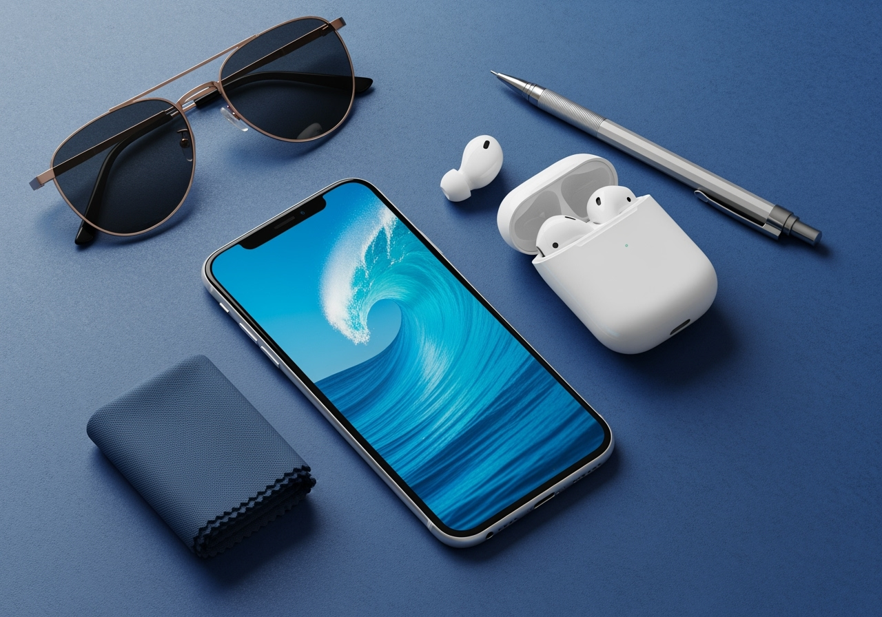 A smartphone and a product displayed with different custom AI-generated blue backgrounds.