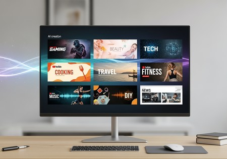 A modern monitor on a clean desk showing multiple AI-generated YouTube banner designs.