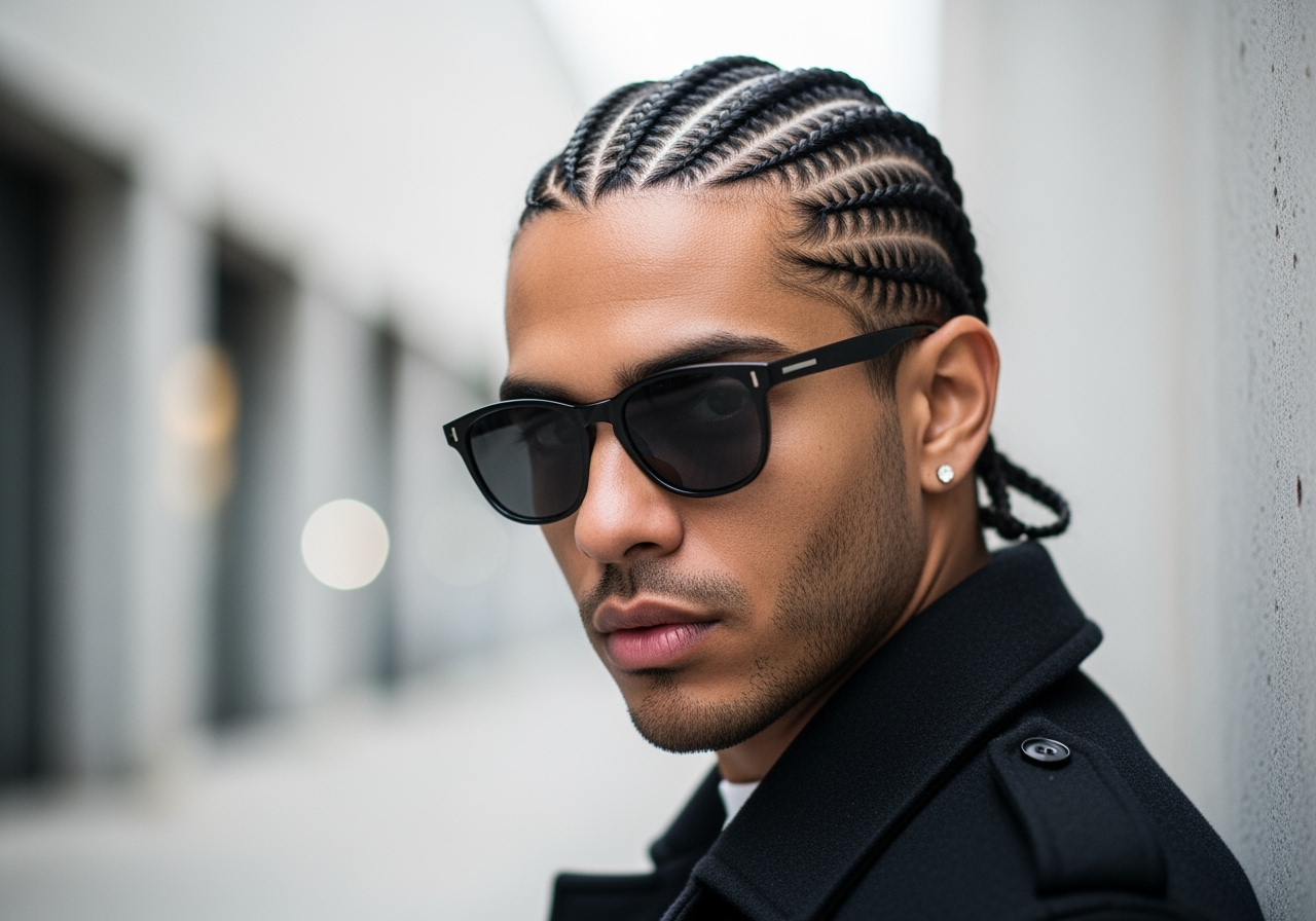 A stylish man with intricate cornrow braids generated by AI.