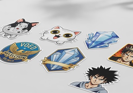 A flat lay of various high-quality AI-generated stickers in different styles on a clean, modern background.