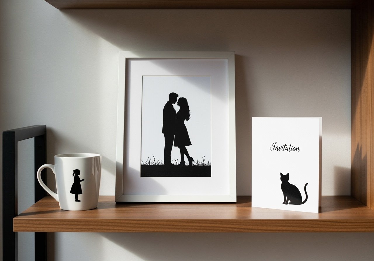 A collection of personalized items—a framed picture, a mug, and a card—all decorated with custom silhouette art.