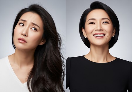 A before-and-after image of a woman with long hair and then with a stylish short bob, representing an AI hair filter.