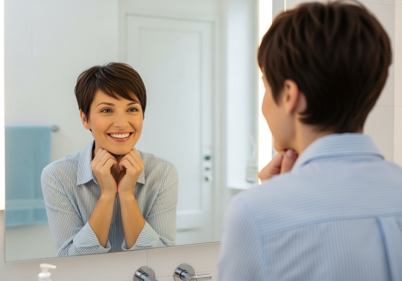 A happy woman with a new short haircut looking at her reflection, feeling confident.
