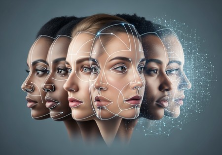 Artistic collage of diverse faces with glowing lines representing AI analysis, in a clean, modern style.