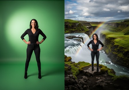 A split image showing a model moved from a green screen studio to a scenic waterfall, representing AI background replacement.