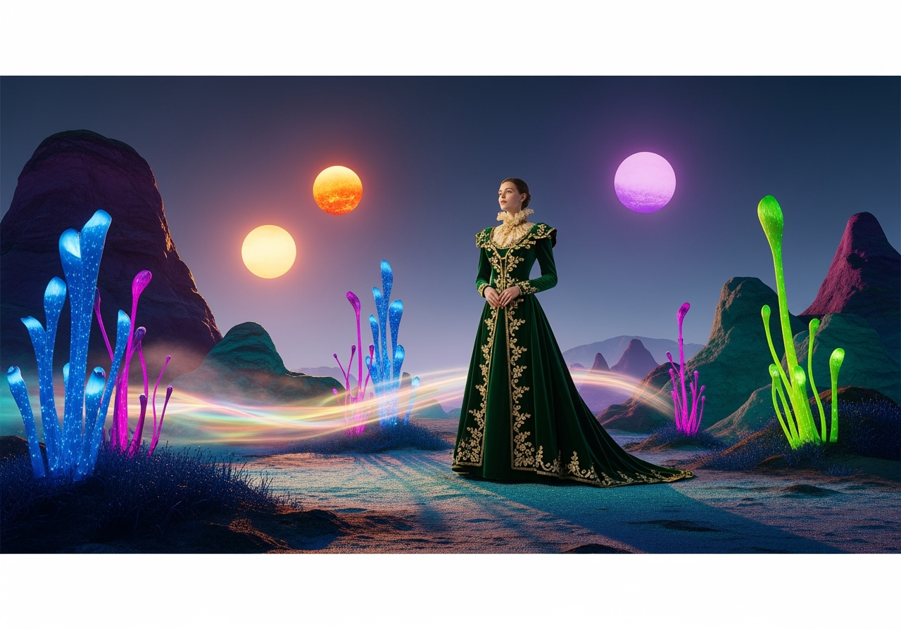 A surreal image of a person on an alien planet, demonstrating the creative freedom of AI background replacement.