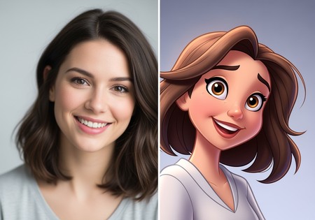 A before-and-after image showing a real woman on the left and her AI-generated Disney character version on the right.
