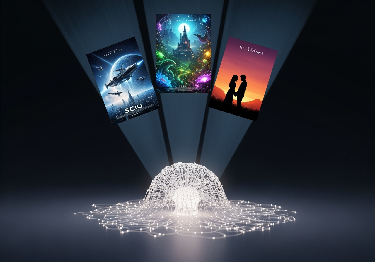 Abstract visualization of an AI generating movie posters in various genres, set in a clean, minimalist style.