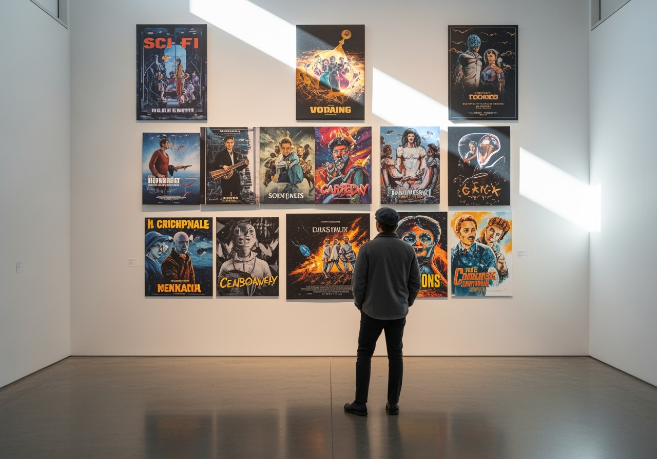 A person in a minimalist gallery looking at a wall of diverse, AI-generated movie posters, symbolizing creative inspiration and personalization.