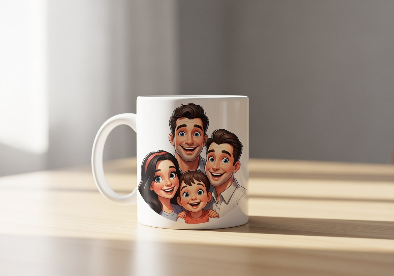 A personalized coffee mug featuring a family portrait in Disney character style, representing a creative gift idea.