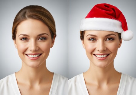 A split-screen image showing a woman's portrait before and after an AI adds a Santa hat.