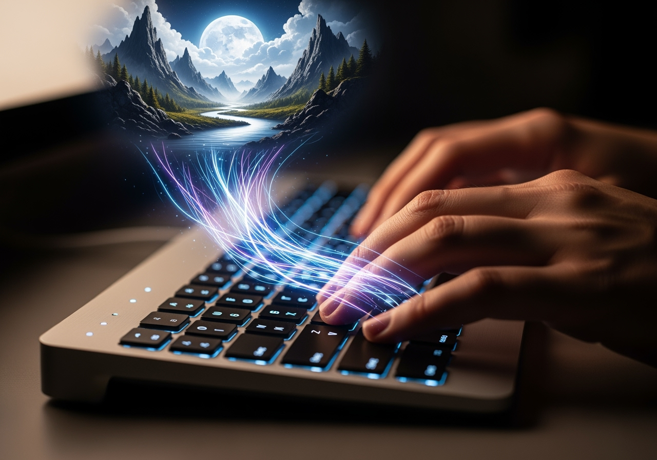 Conceptual image of hands typing, with light transforming into a cinematic movie poster scene, representing the AI generation process.