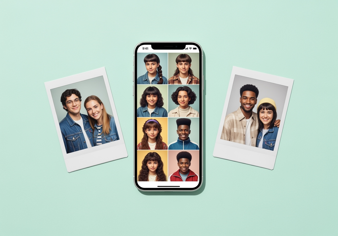 A smartphone showing generated 90s yearbook photos next to original selfie polaroids on a clean background.