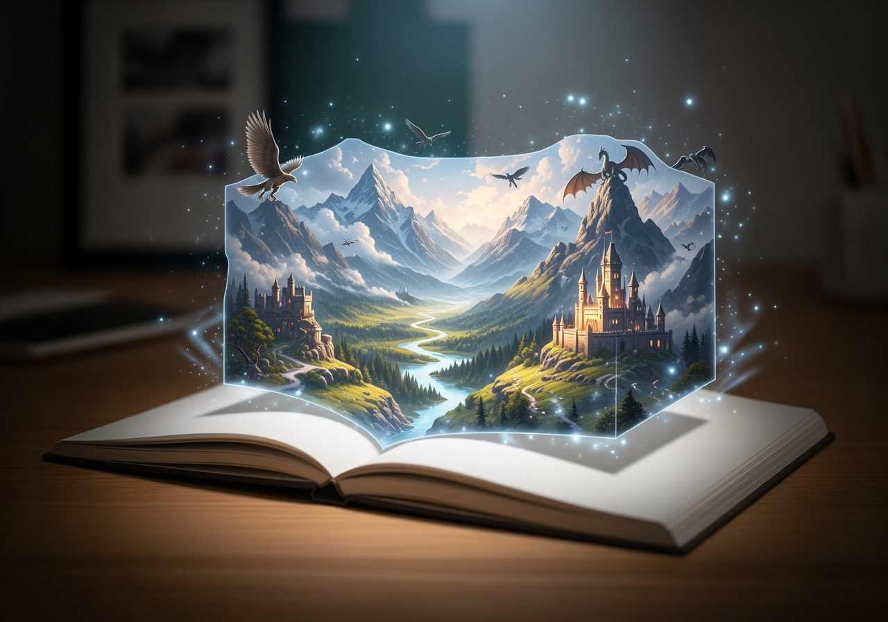 A magical sketchbook on a desk where a beam of light creates a detailed fantasy world, symbolizing limitless creativity.