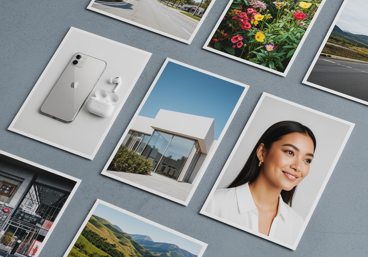 A collection of diverse, professionally generated AI images arranged as design assets, showing the tool's versatility.