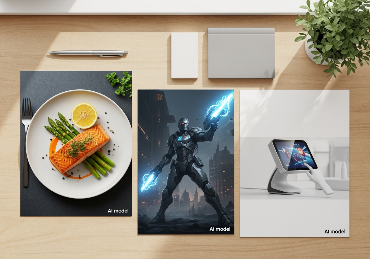 A flat lay of diverse AI-generated images on a desk, showing various use cases.