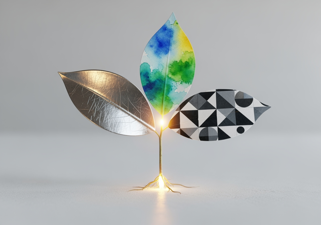 A glowing sapling with three leaves in different art styles, symbolizing the versatile applications of AI image generation.