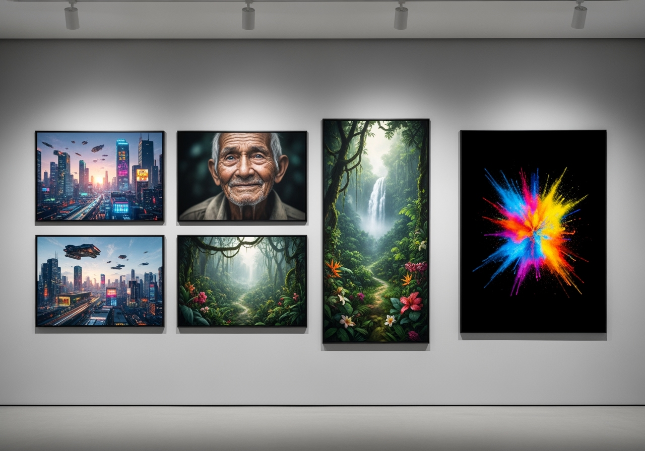 A modern gallery wall with diverse AI-generated images, representing creative versatility and high-quality output.