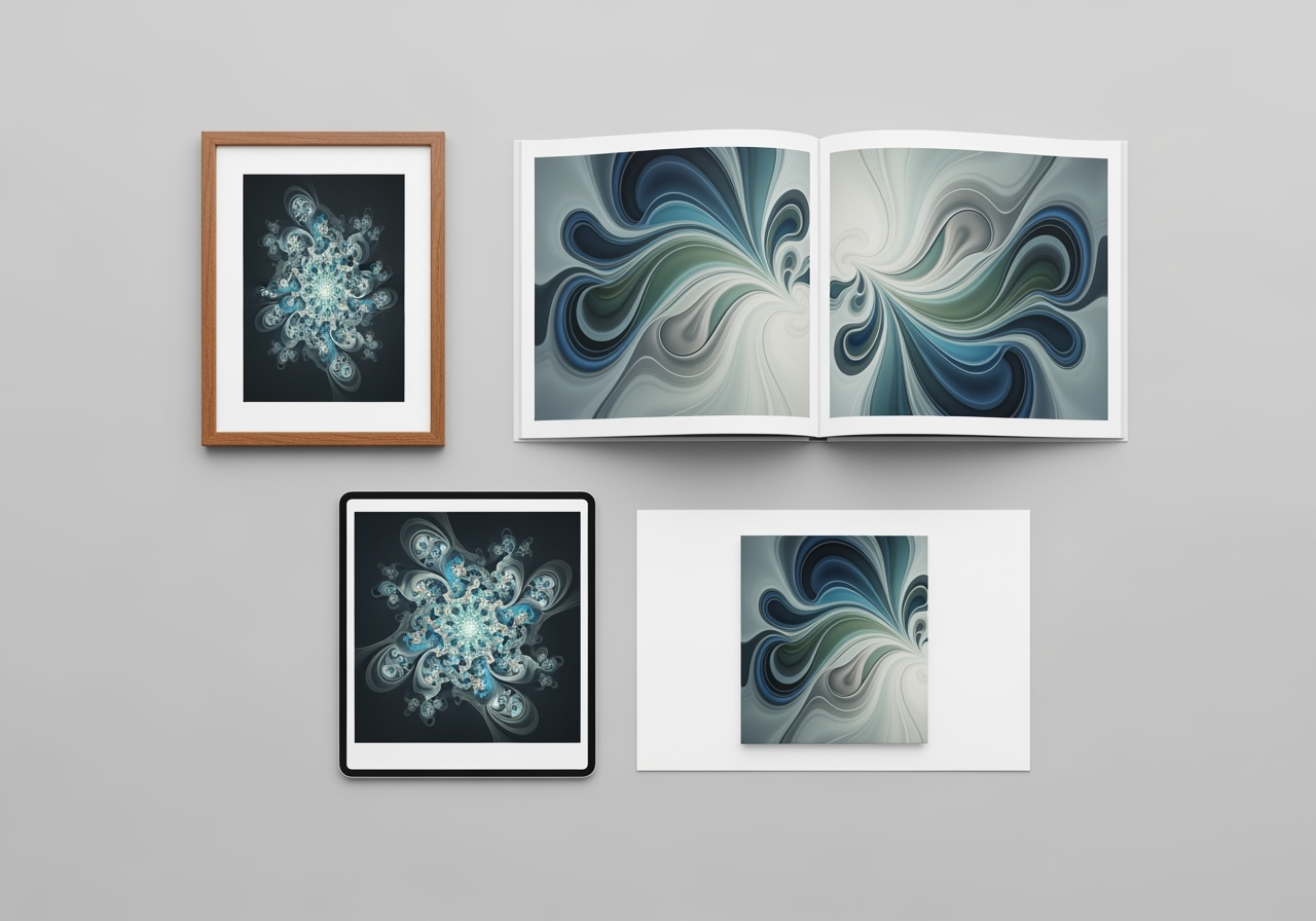 A collection of professionally printed marketing materials and art, showcasing the commercial application of AI-generated images.