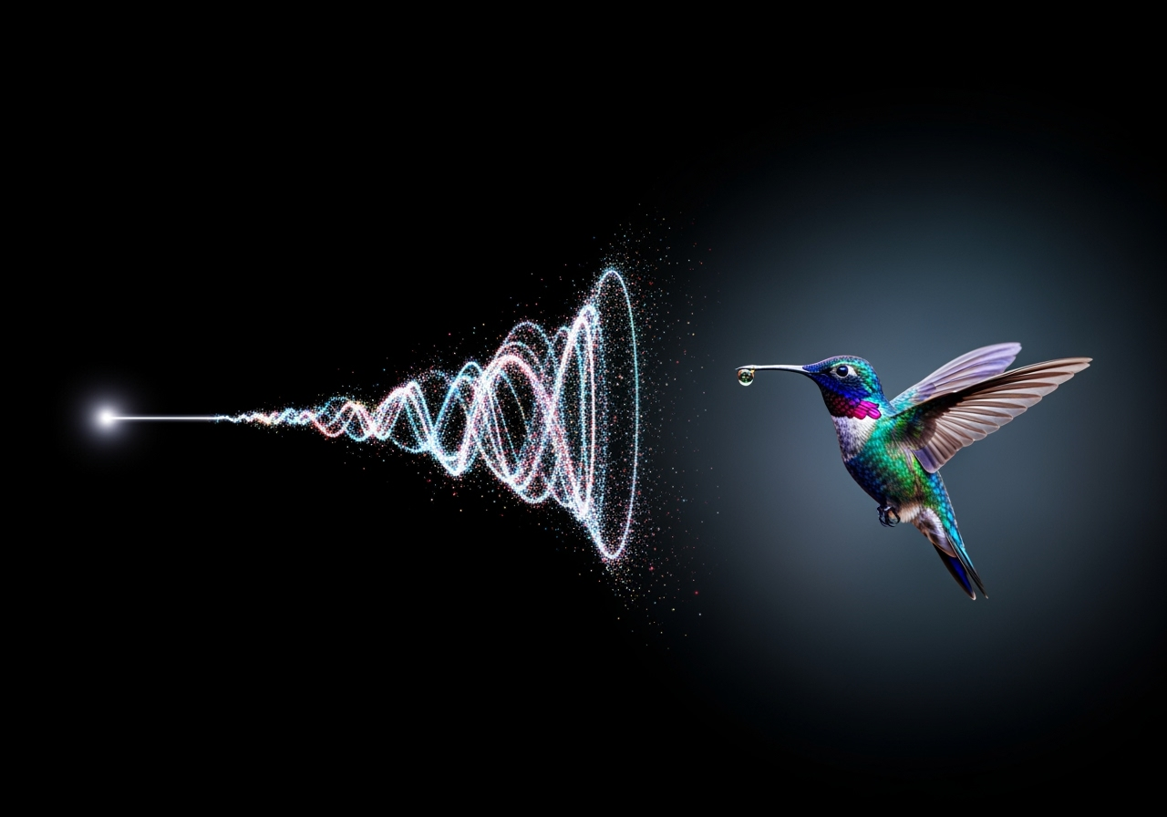An abstract visual showing a line of light transforming into a photorealistic hummingbird, symbolizing a simple idea becoming an AI-generated image.