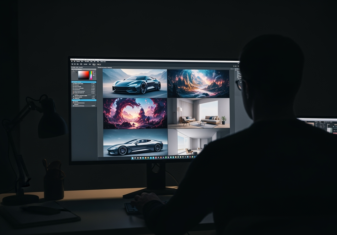 A monitor in a design studio displaying various AI-generated concept images, showing diverse use cases.
