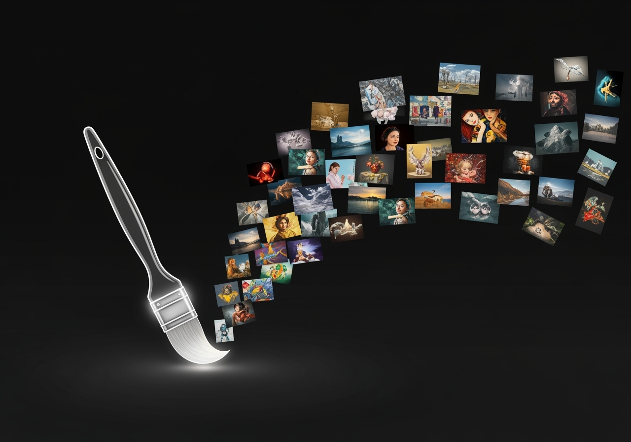 A glowing digital paintbrush creating many different images, symbolizing creative accessibility on the platform.