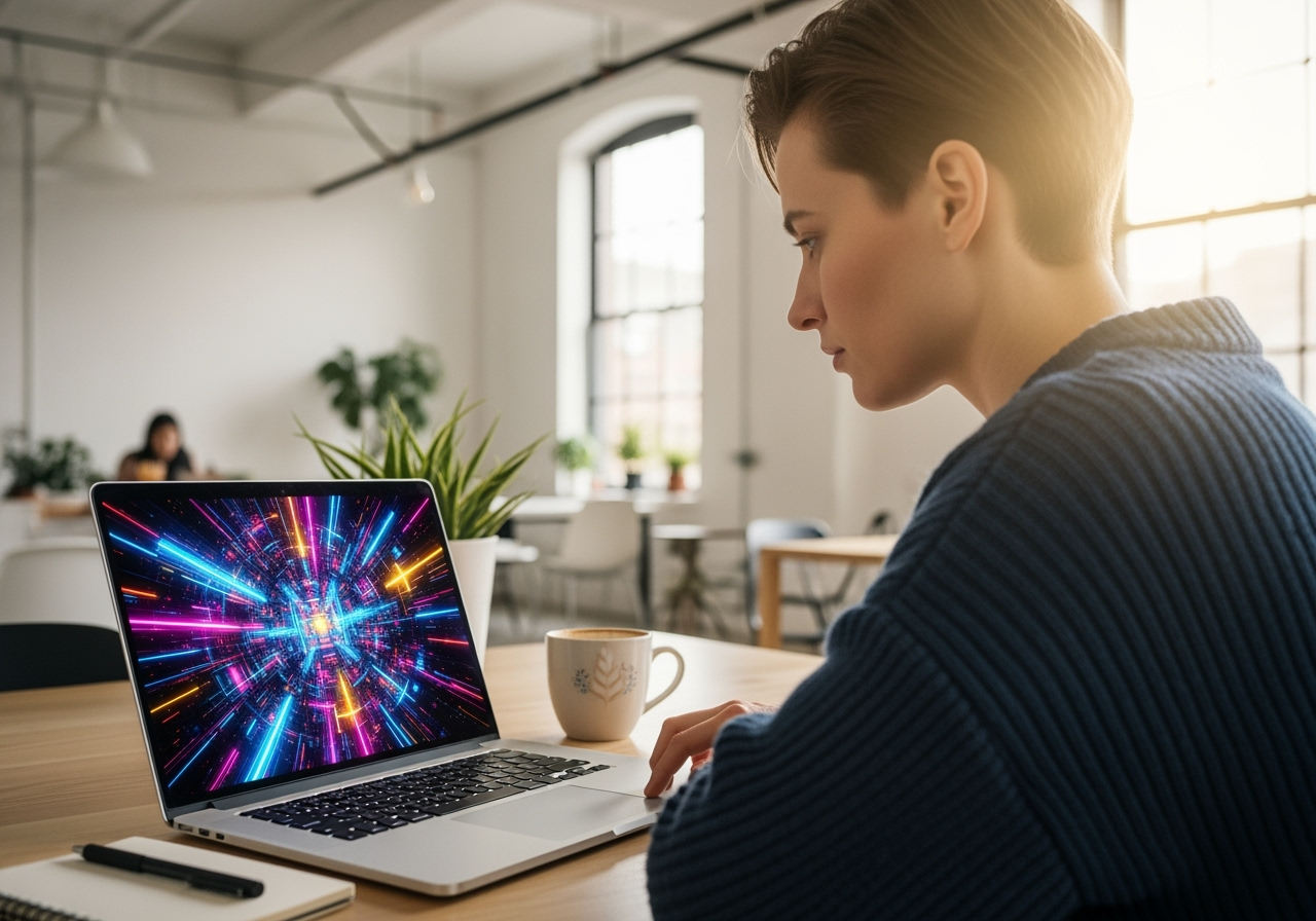 A person in a modern workspace creating AI art on a laptop, showing accessibility.