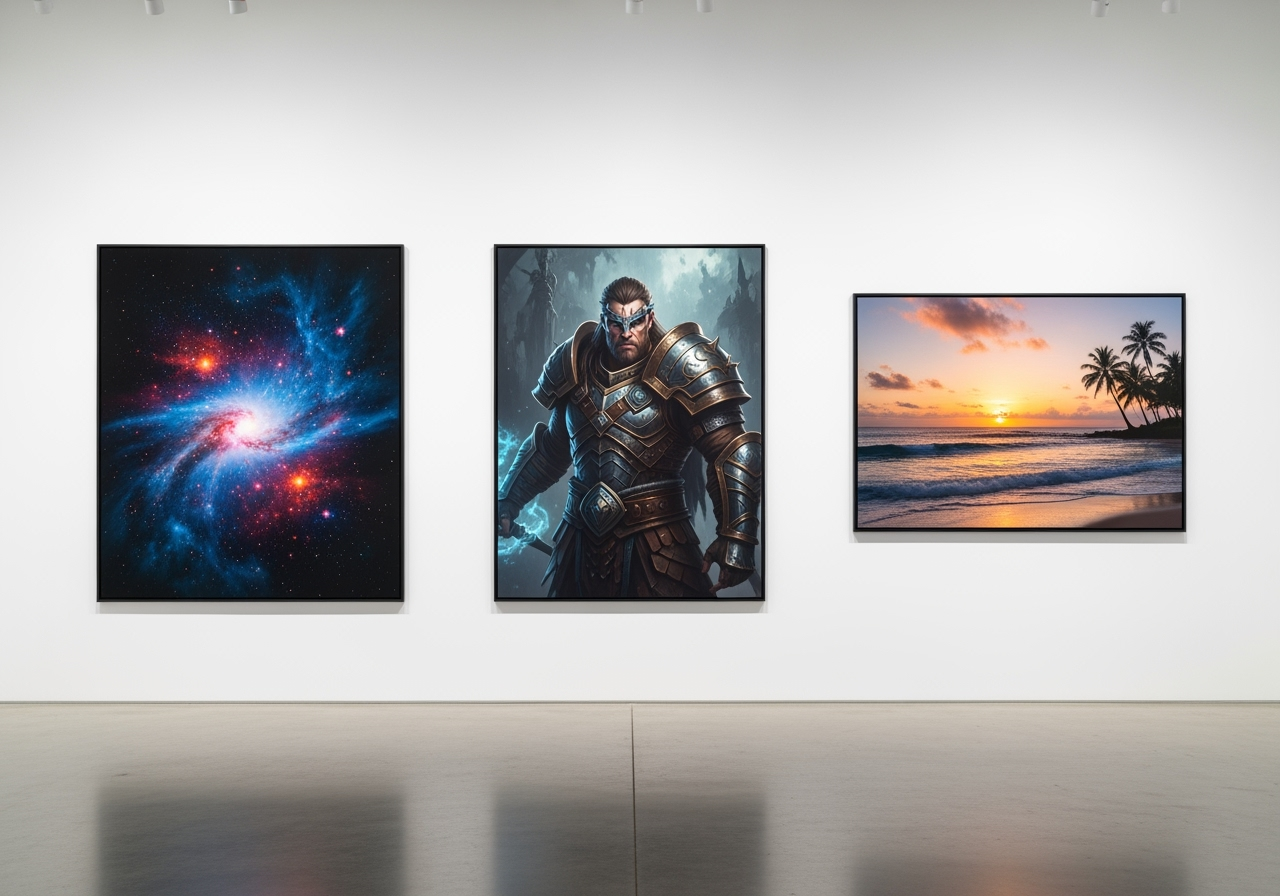 A modern art gallery wall displaying three diverse, high-quality, AI-generated images in frames.