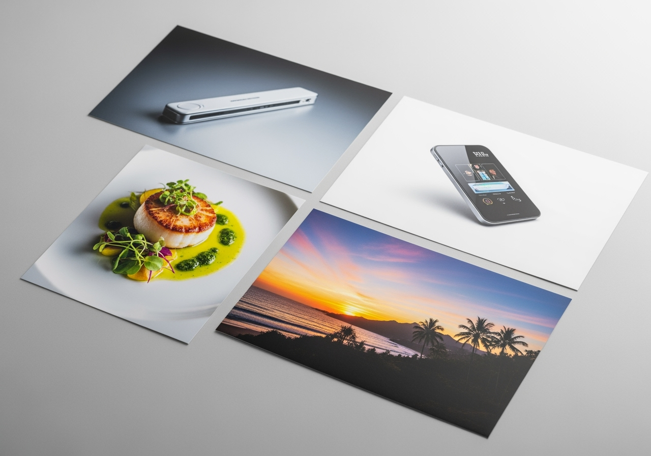 A flat lay of diverse, high-quality photographic prints, representing various uses for AI-generated images.