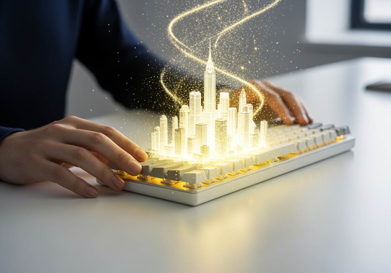 Hands near a keyboard with a miniature glowing city forming on the desk, symbolizing easy AI image creation.