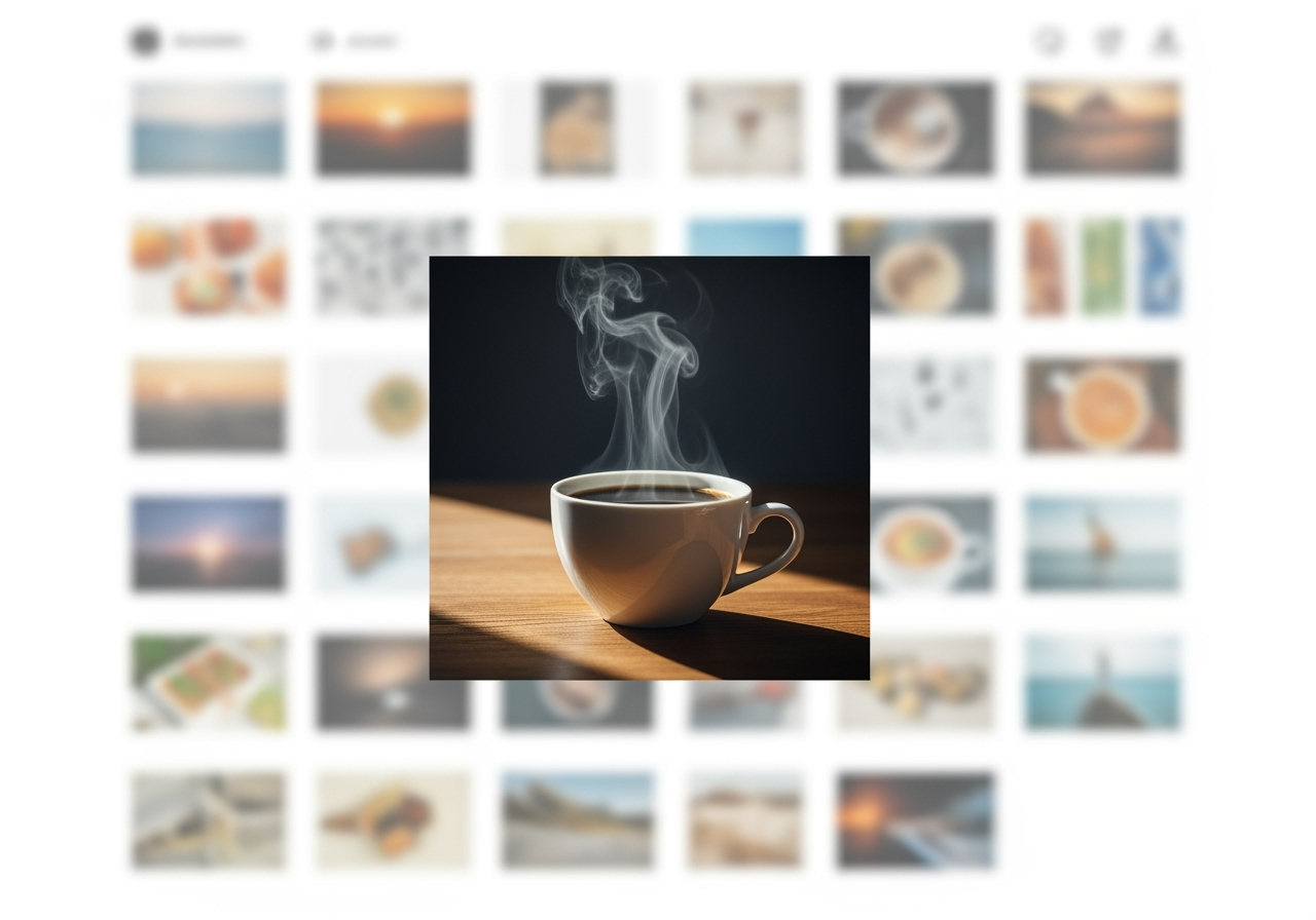 An abstract social media feed where a dynamic video of a coffee cup stands out among static photos, symbolizing increased engagement.
