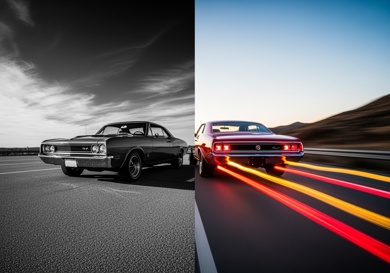 A static black and white photo of a car transforming into a full-color, moving image, symbolizing image-to-video AI.