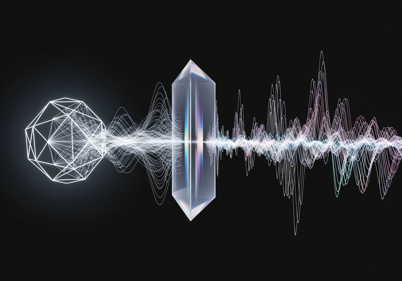 An abstract visualization of a simple idea being transformed into a complex video by an AI model.