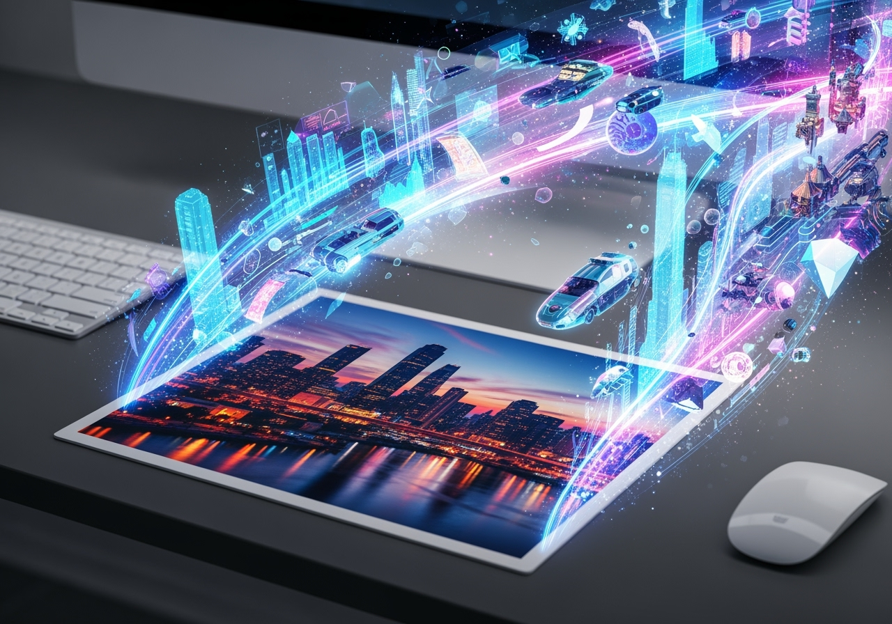 A photo on a desk with a futuristic, imaginative scene flowing out, symbolizing creative freedom with AI video.
