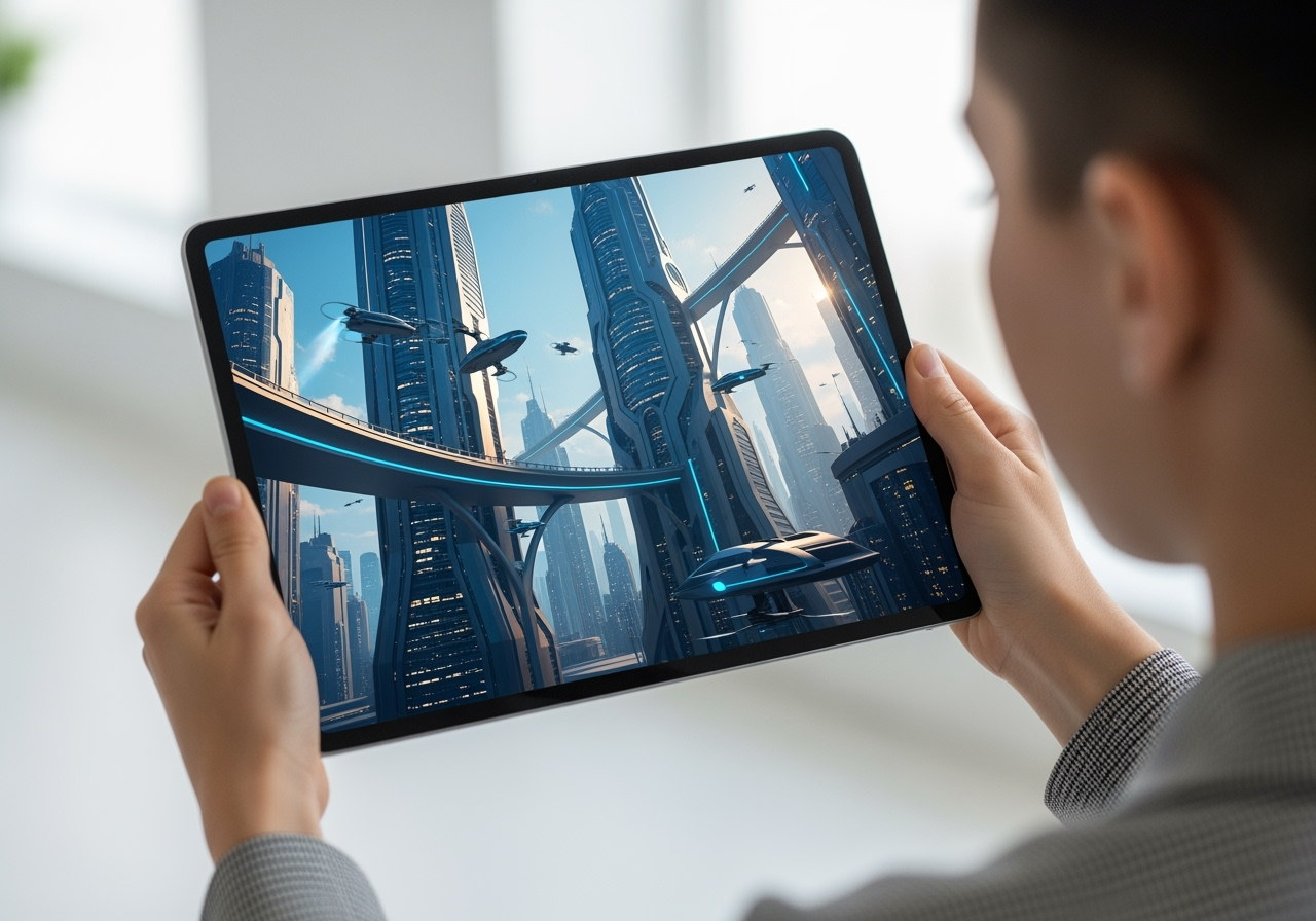 A person holding a tablet that shows a high-quality AI-generated video of a futuristic city.